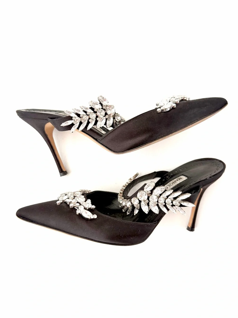 MANOLO BLAHNIK | Lurum Black Satin Crystal Embellished Mule Heels EU 37